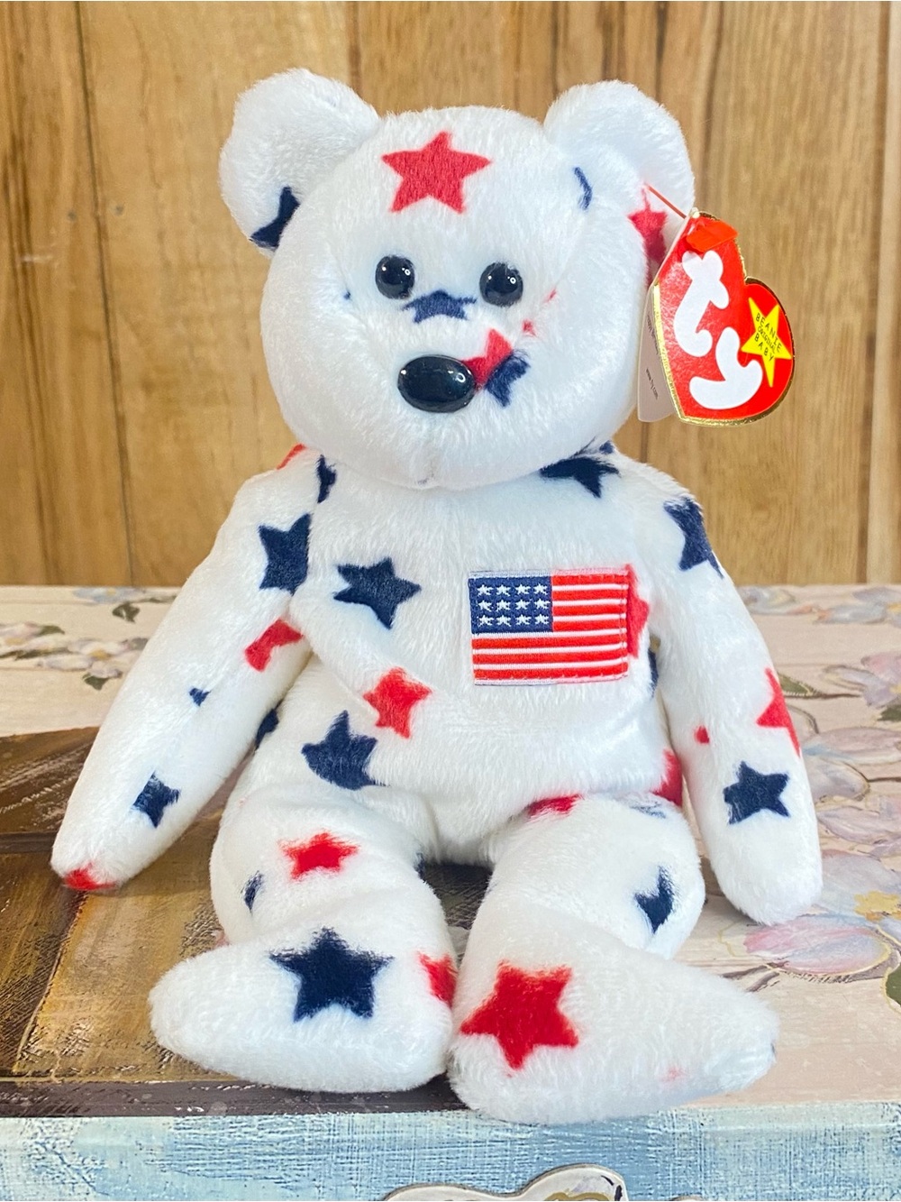 Ty Beanie Babies 1998 Glory Plush Bear Red White Blue w Tag Errors Collectible